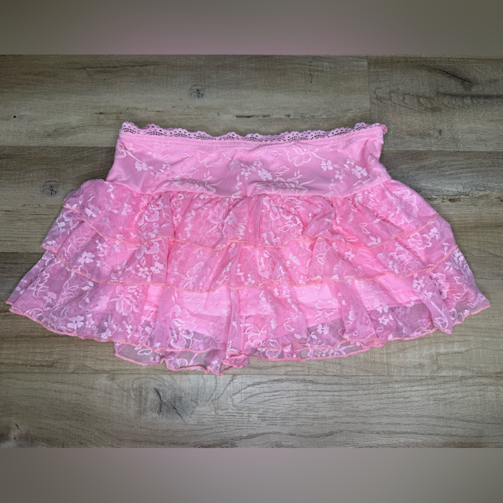Pink Lace Ruffled Mini Skirt With Shorts And Fringe